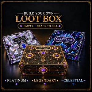 Peut inclure: Trois boîtes à butin rectangulaires étiquetées Platinum, Legendary et Celestial. La boîte Platinum a un motif géométrique argenté, la boîte Celestial présente des cristaux bleus et violets, et la boîte Legendary a un design noir et doré.