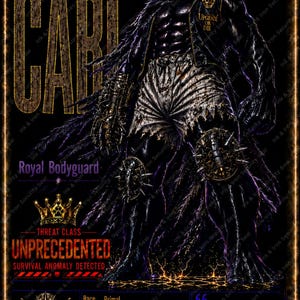 Puede incluir: Una ilustraci&oacute;n digital oscura de una figura musculosa con el rostro sombreado, vistiendo una chaqueta negra con un emblema de corona dorada, pantalones cortos blancos y rodilleras con pinchos. La imagen incluye texto como "CARI", "UNPRECEDENTED" y "You will not break me."
