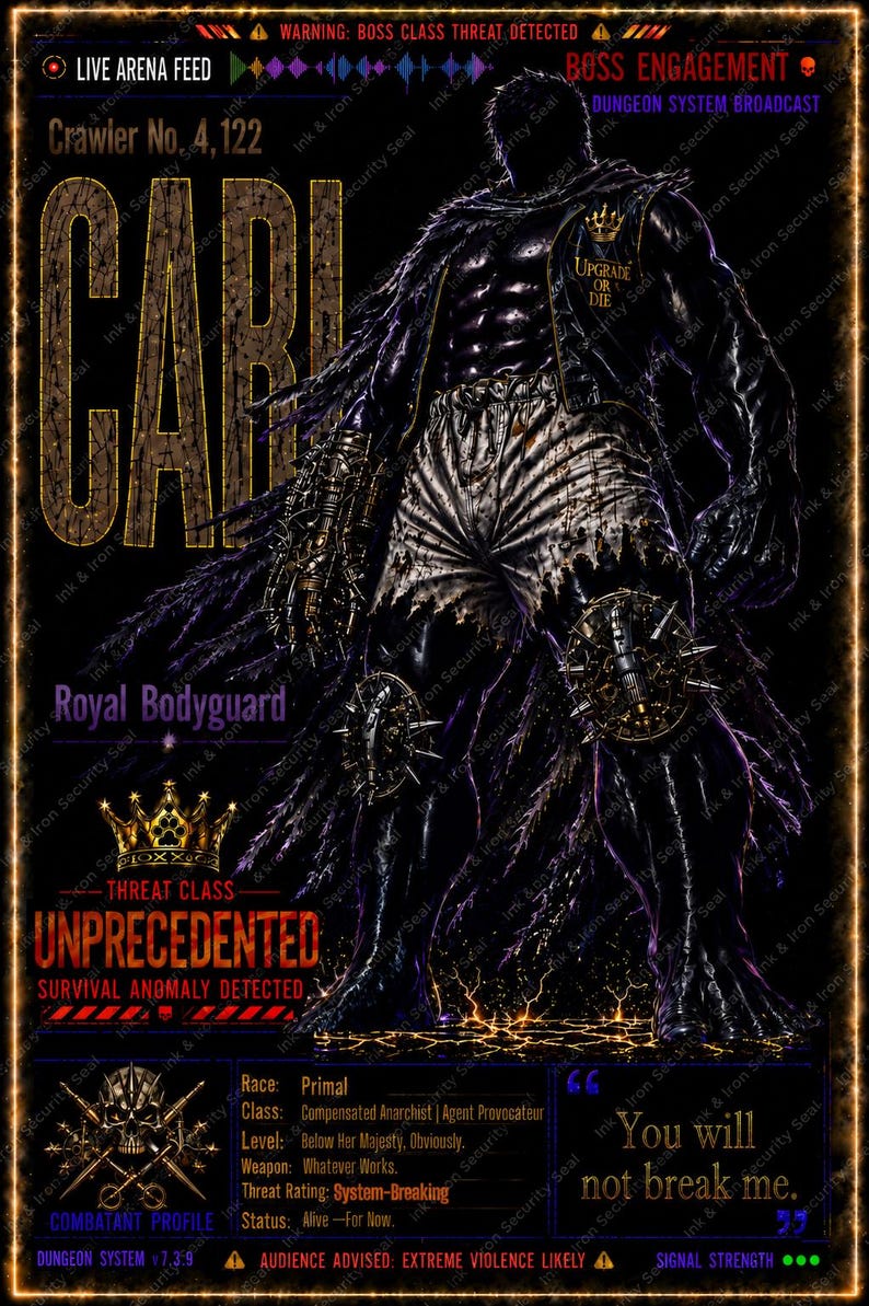 Puede incluir: Una ilustraci&oacute;n digital oscura de una figura musculosa con el rostro sombreado, vistiendo una chaqueta negra con un emblema de corona dorada, pantalones cortos blancos y rodilleras con pinchos. La imagen incluye texto como "CARI", "UNPRECEDENTED" y "You will not break me."