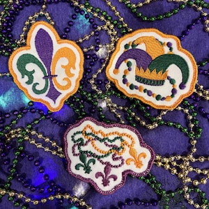 Mardi Gras Icon Patch Pack – Fleur de Lis Jester Hat Beads Embroidered Iron On Patches