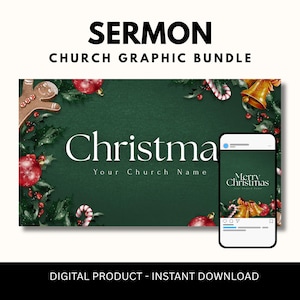 Puede incluir: Un paquete gráfico digital de Navidad con el texto "SERMON CHURCH GRAPHIC BUNDLE". El gráfico principal presenta la palabra "Christmas" y "Your Church Name" sobre un fondo verde con decoraciones festivas. Un teléfono muestra un gráfico de "Merry Christmas".