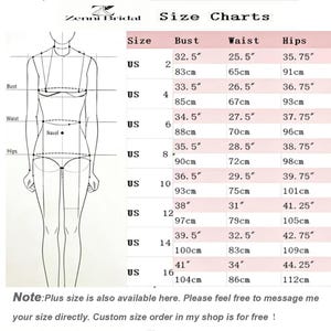 Puede incluir: Tabla de tallas para vestidos de novia, con medidas de busto, cintura y cadera en pulgadas y cent&iacute;metros. La tabla incluye tallas de la 2 a la 16, con las medidas correspondientes. Un dibujo de una mujer est&aacute; a la izquierda.