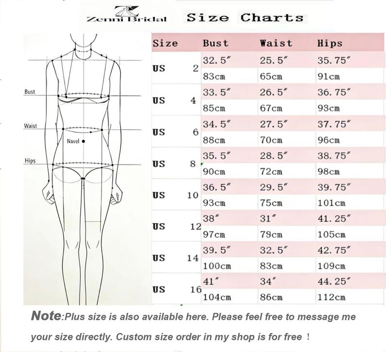 Puede incluir: Tabla de tallas para vestidos de novia, con medidas de busto, cintura y cadera en pulgadas y cent&iacute;metros. La tabla incluye tallas de la 2 a la 16, con las medidas correspondientes. Un dibujo de una mujer est&aacute; a la izquierda.
