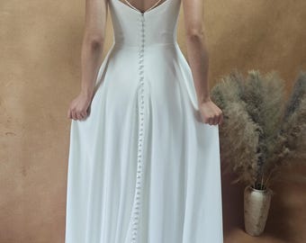 Vestido de novia de espalda abierta, vestido de novia de playa de gasa, cuello cuadrado