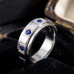 Anillo de zafiro para hombre en plata de ley / Anillo moderno con engaste de canal, regalo de aniversario para él.