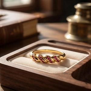 May include: A gold ring featuring a twisted rope-like band design with small, round, vibrant red gemstones set into the grooves of the metal. The ring has a polished finish and a continuous, repeating pattern of gold ridges alternating with the red stones.