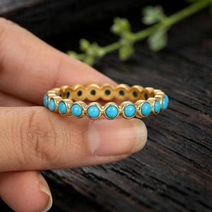 14K Gold Turquoise Eternity Ring, Minimalist Stacking Band, Handmade Birthstone Jewelry