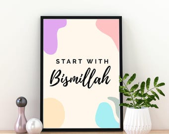Start With Bismillah Wall Art Printable, Minimalist Islamic Home Decor (Digital Download)