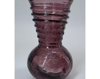 Vintage Purple Crackle Glass Vase Blenko Pilgrim Style Ribbed Neck Art Glass
