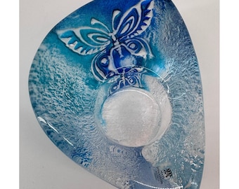 Mats Jonasson Maleras Crystal Butterfly Votive Blue Swirl Art Glass Sweden