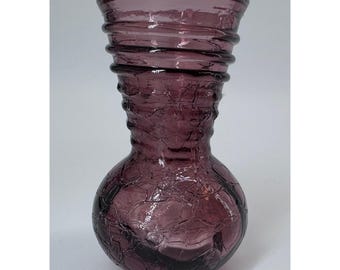 Vintage Purple Crackle Glass Vase Blenko Pilgrim Style Ribbed Neck Art Glass