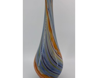 Murano Style Art Glass Vase Swirl Blue Orange Yellow Brown Hand Blown Tall Decor