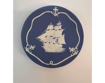 Vintage 1978 MBC Original Blue Jasperware Style Ship Wall Hanging Decanter 5"