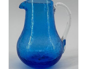 Blenko or Pilgrim Style Cobalt Crackle Glass Pitcher Decor Creamer Jug 3.5 in