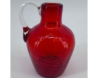 Red Crackle Glass Pitcher Vase Pilgrim Blenko Art Glass with Clear Handle
