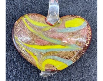 Dichroic Glass Heart Pendant Necklace Charm Italian Art Red Gold Yellow