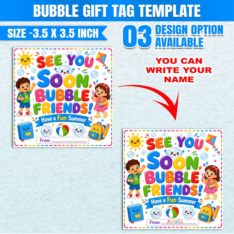 End of School Year Bubble Gift Tags Canva Editable, Summer Class ...