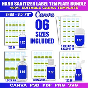 May include: A digital hand sanitizer label template bundle featuring six sizes on 8.5"x11" sheets. Includes labels for 1oz, 2oz, and 8oz bottles with dimensions like 1x2 inches, 1.41x1.62 inches, 1.32x1.44 inches, 1.84x3.5 inches, and 1.25x2.38 inches.