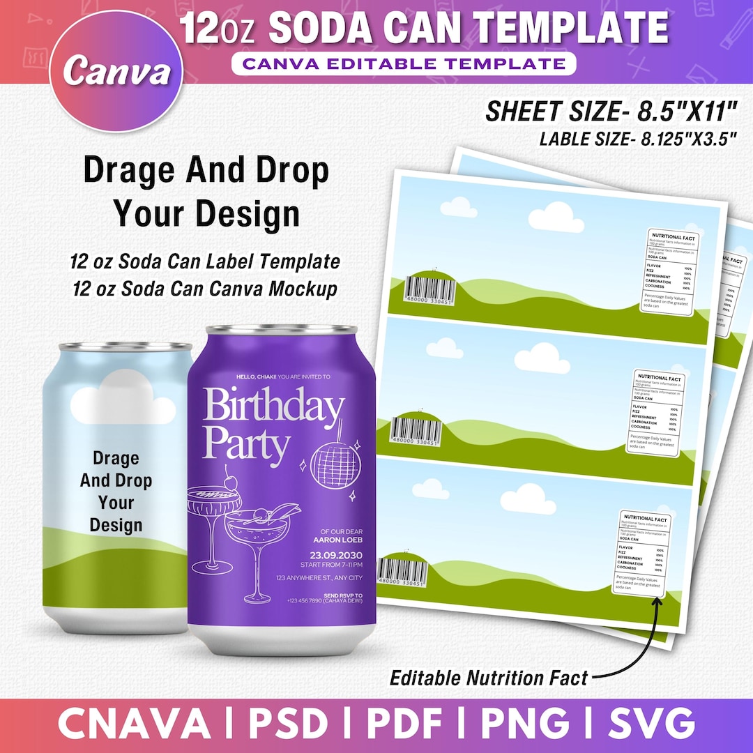 Layout Wrapped Editable Soda Can Wrapper Template Canva Editable, Printable Party Favor Drink ...