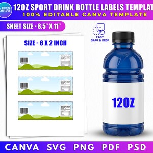 May include: A blue 120oz sport drink bottle with a black cap next to a sheet of labels. The labels are 6 x 2 inches and feature a landscape design with a barcode and nutrition facts. Text on the image includes "120Z SPORT DRINK BOTTLE LABELS TEMPLATE".