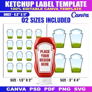 Puede incluir: Una plantilla de etiqueta de kétchup con una botella roja y una etiqueta blanca que dice PLACE YOUR DESIGN HERE. El gráfico muestra dos tamaños de etiqueta, 3,81 cm por 5,08 cm y 7,62 cm por 10,16 cm, en una hoja de 21,59 cm por 27,94 cm.