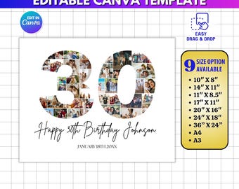 30th Birthday Photo Collage Template, Number 30 Picture Collage, Editable Canva Gift, 30th Anniversary Poster, Printable Wall Art, Custom