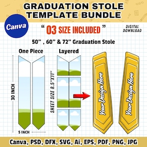 Może przedstawiać: Cyfrowy pakiet szablonów na stole absolwenta z tekstem "GRADUATION STOLE TEMPLATE BUNDLE". Zawiera trzy rozmiary: 127cm, 152cm i 183cm stole. Projekt zawiera 76cm stole i wersję warstwową. Obraz zawiera również tekst "Your Design Here".