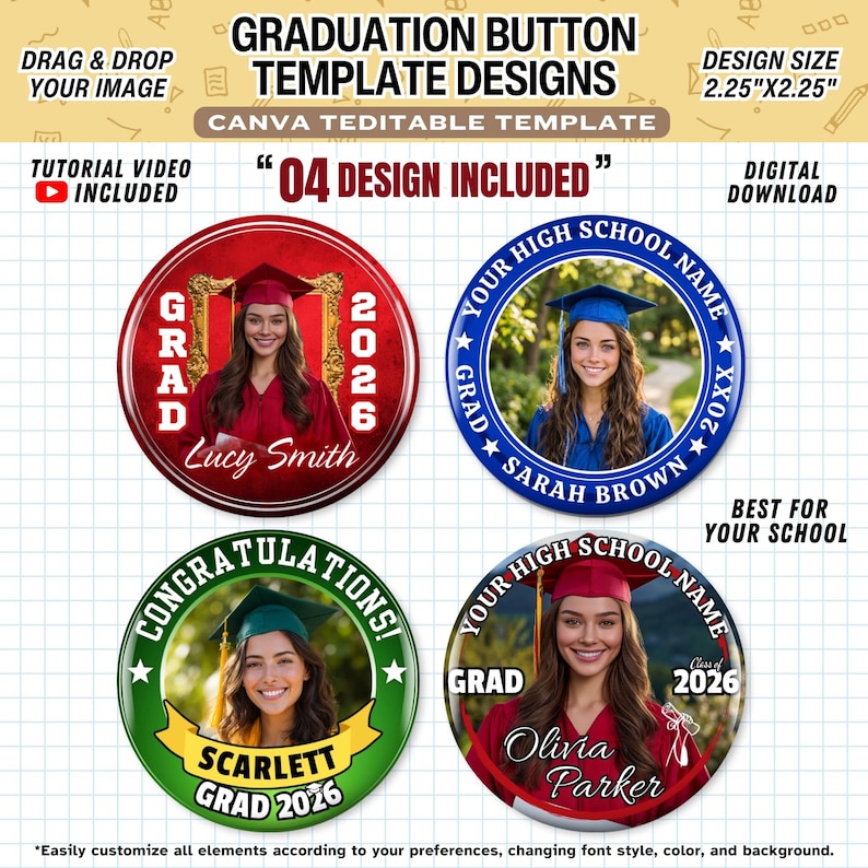 4x Graduation Button Canva Template, Editable 2.25 Inch Photo Button ...