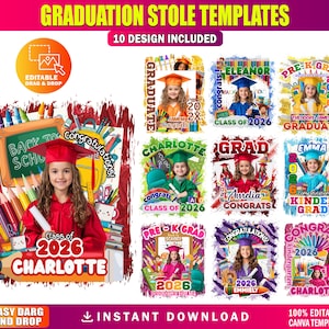 Op de afbeelding: Een verzameling afstudeer sjaal templates met diverse ontwerpen. De templates tonen kinderen in afstudeerkleding, met tekst als "Klasse van 2026" en "Gefeliciteerd!" De ontwerpen bevatten kleurrijke illustraties en tekst.