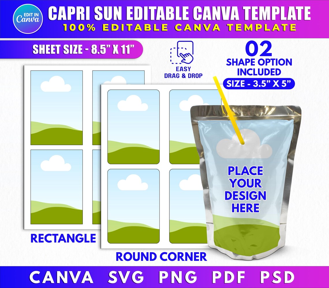 Capri Sun Canva Template, Editable Juice Pouch Label, 3.5X5 Inch Blank ...