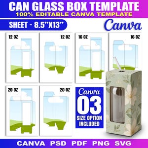 Op de afbeelding: Een digitaal sjabloon voor een can glass doos, met 12 oz, 16 oz en 20 oz opties op een vel van 8,5 bij 13 inch. Het ontwerp bevat platte lay-outdiagrammen en een 3D-voorbeeld van een doos met bloemenpatroon, een kijkvenster en een glazen rietje.