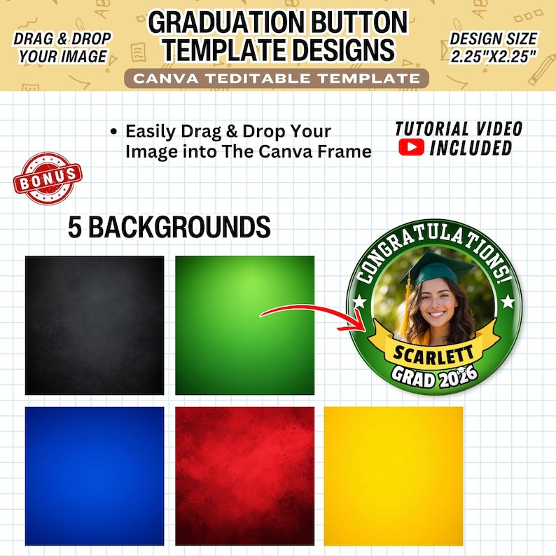 4x Graduation Button Canva Template, Editable 2.25 Inch Photo Button ...