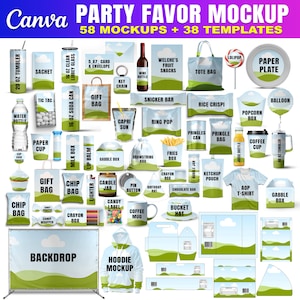 Puede incluir: Una imagen de maqueta que muestra varias plantillas de recuerdos de fiesta, que incluyen un vaso de 591 ml, una bolsa de mano, una caja de palomitas de maíz y un telón de fondo. La imagen presenta una variedad de artículos, como una botella de agua, caramelos y una maqueta de sudadera con capucha.