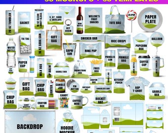 58x Party Favor Mockup Bundle, Canva Editable Party Favor Mockup Bundle, Chocolate Bar Juice Pouch, Chip bag, DIY Water Bottle Mockup