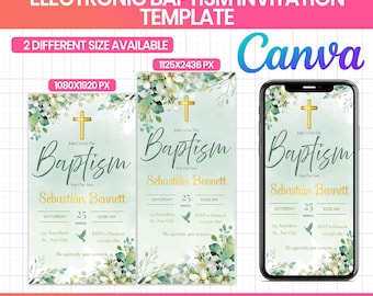 Electronic Baptism Invitation Template, Greenery Baptism Invite, Christening Evite, Digital Baptism Invitation, Phone Invite, Editable Canva