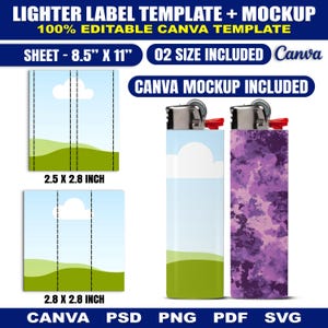May include: A digital template for lighter labels featuring two size options, 2.5 by 2.8 inches and 2.8 by 2.8 inches, on an 8.5 by 11 inch sheet. The design includes a blue sky with white clouds and green hills, plus a purple camouflage pattern.