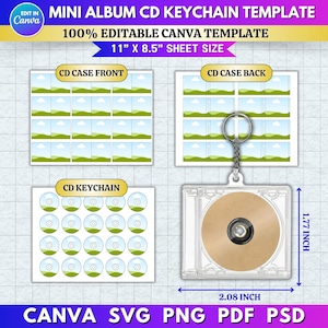 Könnte beinhalten: Eine Vorlage für einen Mini-Album-CD-Schlüsselanhänger. Das Design umfasst eine CD-Hülle, einen CD-Schlüsselanhänger und Vorlagen für die Vorder- und Rückseite der CD-Hülle. Die Blattgröße beträgt 27,94 cm x 21,59 cm. Die CD-Hülle ist 5,28 cm breit und 4,5 cm hoch. 100 % bearbeitbar in Canva.