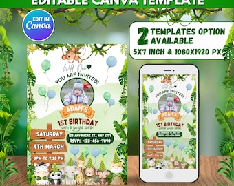 Bewerkbare Safari-verjaardagsuitnodiging, Wild One verjaardagsfeestje met foto, Safari 1e verjaardag elektronische uitnodiging, jungle mobiele uitnodiging, Canva