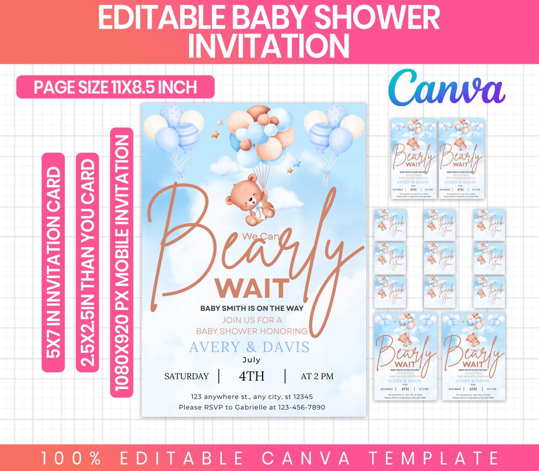 Editable We Can Bearly Wait Baby Shower Invitation, Teddy Bear Hot Air ...