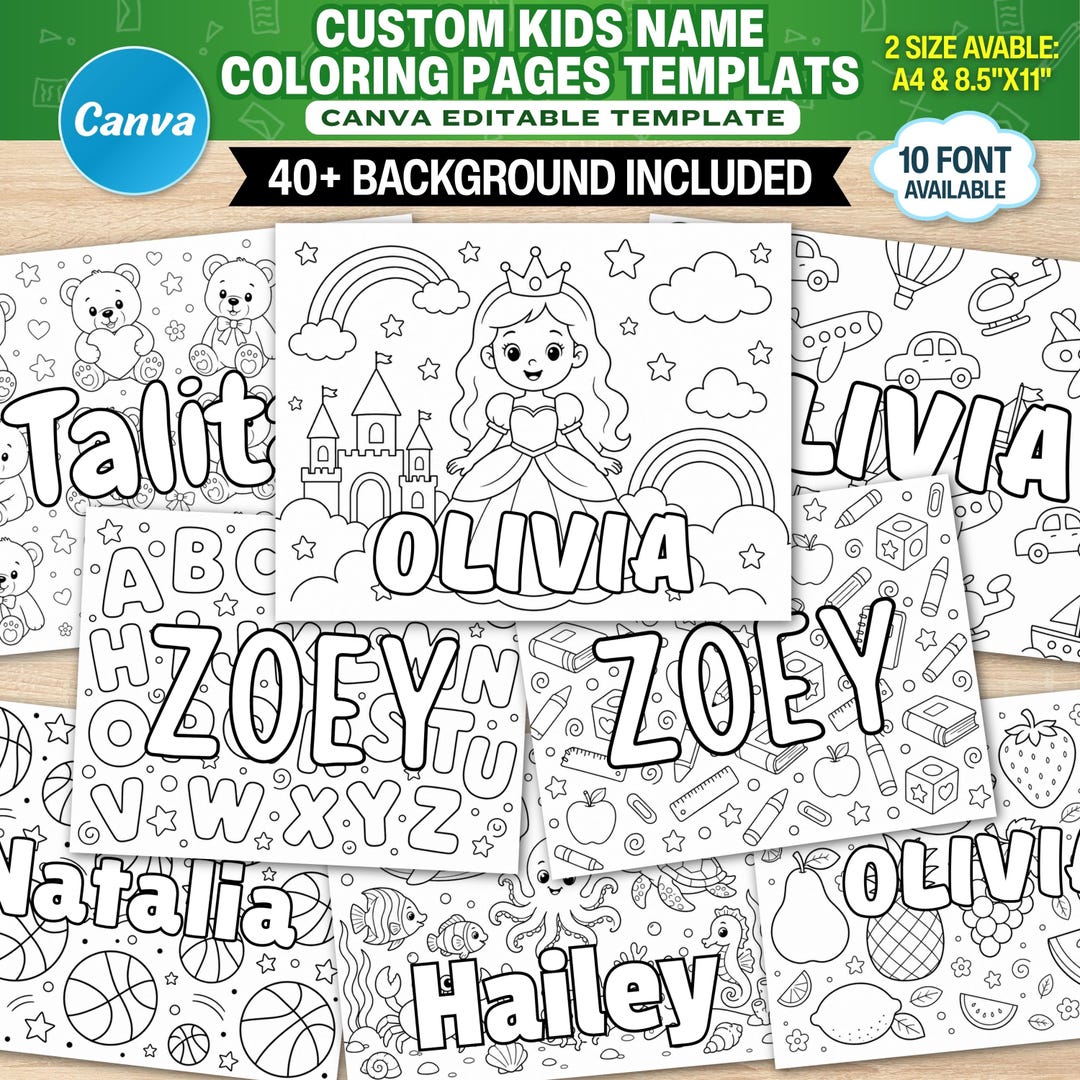40x Custom Name Coloring Pages, Personalized Kids Activity Sheets, Name ...