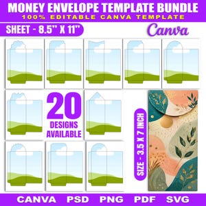 May include: A money envelope template bundle featuring 20 designs on 8.5 inch by 11 inch sheets. The digital templates are editable in Canva, PSD, PNG, PDF, and SVG formats. One finished envelope example measures 3.5 inches by 7 inches.