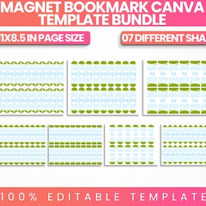 May include: A digital magnet bookmark Canva template bundle featuring seven different shapes on 11x8.5 inch pages. The templates display repeating patterns of light blue and green geometric designs, including bows and rounded edges, all fully editable.