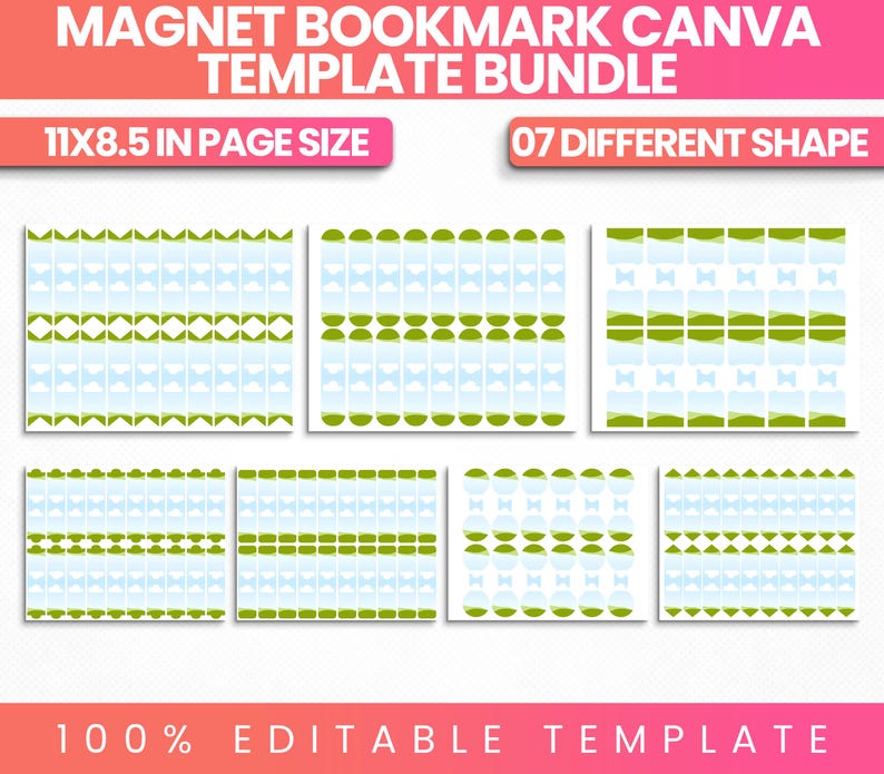 May include: A digital magnet bookmark Canva template bundle featuring seven different shapes on 11x8.5 inch pages. The templates display repeating patterns of light blue and green geometric designs, including bows and rounded edges, all fully editable.