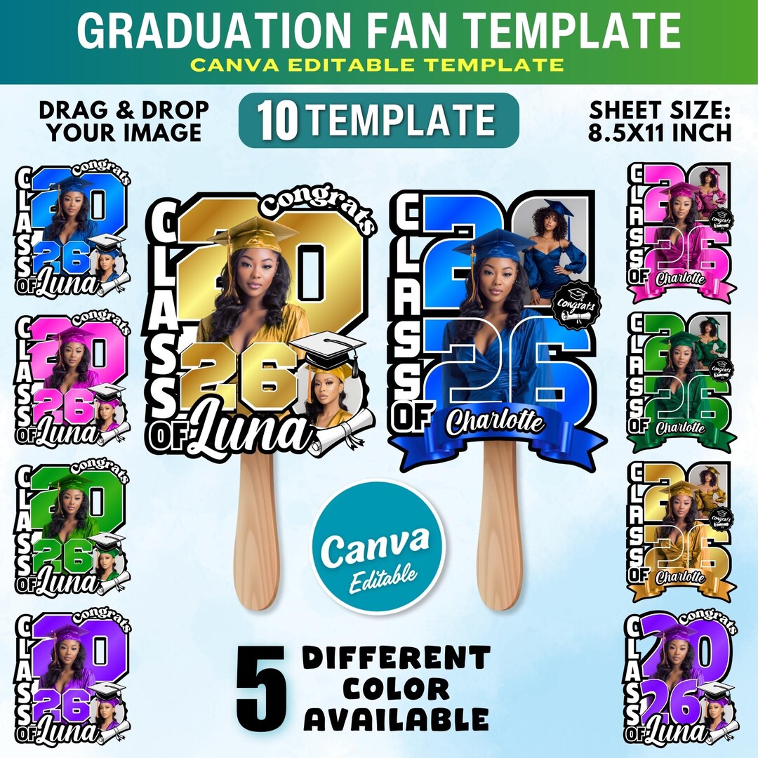 10x Graduation Fan Template Bundle, Canva Editable Paddle Fan, Class of ...