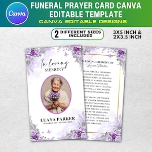 May include: Funeral prayer card template with a floral design in purple and white. The card includes a photo of Luana Parker, the text "In Loving Memory", and details about her life. Includes 2 sizes: 3x5 inch and 2x3.5 inch.