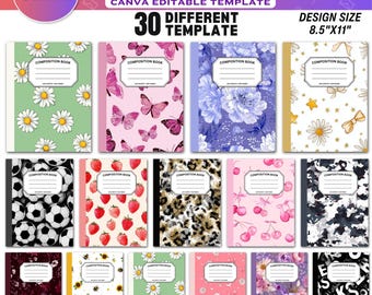 May include: A collection of composition notebooks with various cover designs, including floral, butterfly, and animal prints. The notebooks are 8.5" x 11" and feature the text "COMPOSITION BOOK". The image also includes the text "COMPOSITION NOTEBOOK COVERS TEMPLATE" and "30 DIFFERENT TEMPLATE".