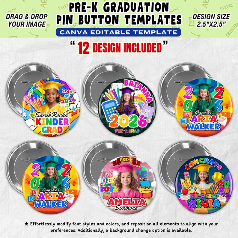 Grad Button Template 12x Kids Graduation Pin Button Templates, Class of 2026 Pre-k ...