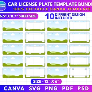 May include: A digital car license plate template bundle featuring 10 different designs on a 16.5 inch by 11.7 inch sheet. Each plate measures 12 inches by 6 inches and displays a blue sky with white clouds and green rolling hills background.