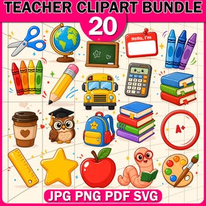 May include: A colorful teacher clipart bundle featuring 20 illustrations. Includes a school bus, pencils, crayons, books, an owl, a globe, and other school-related items. The text "Teacher Clipart Bundle" is at the top.