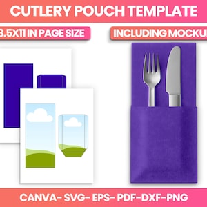 May include: A purple cutlery pouch mockup with a fork and knife. The image includes a template design with a landscape and cloud graphic. Text includes "CUTLERY POUCH TEMPLATE", "8.5X11 IN PAGE SIZE", "INCLUDING MOCKUP", and "CANVA- SVG- EPS- PDF- DXF- PNG".
